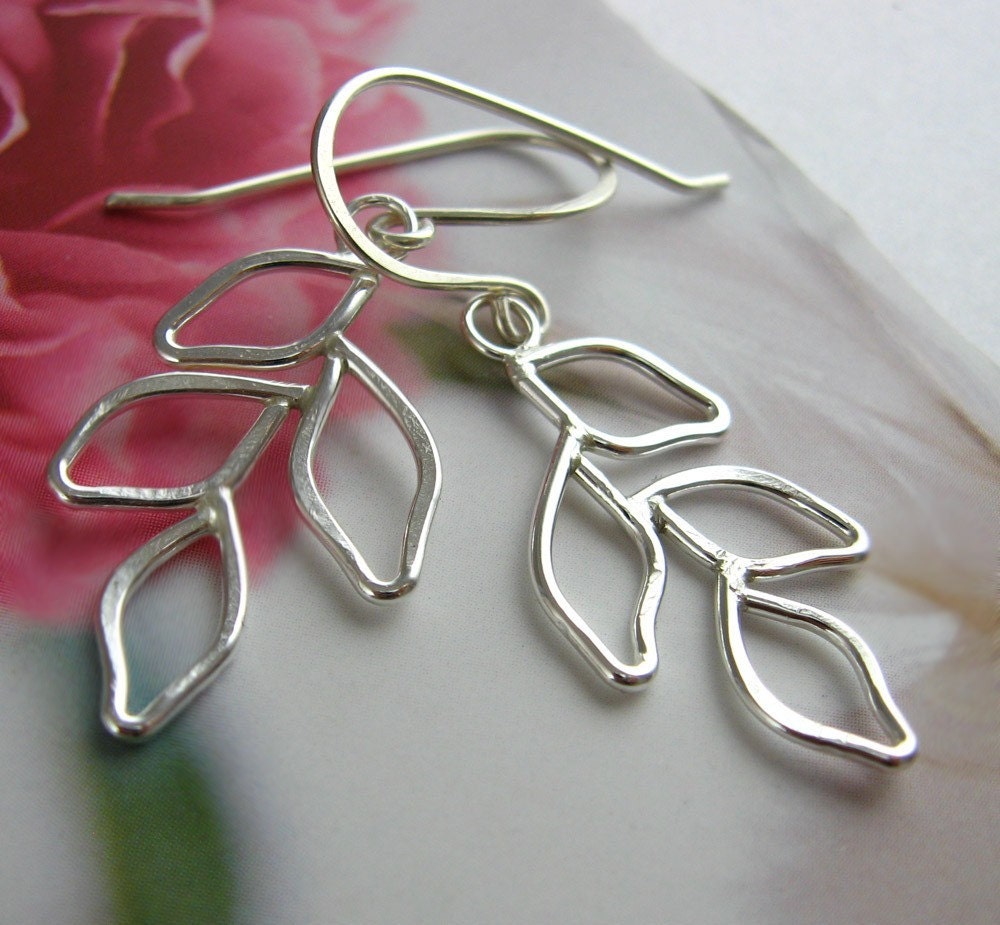 Leaves sterling silver earrings - handshaped, textured, organic - nature lover, Valentines Day, Mothers Day, bridesmaids, wedding