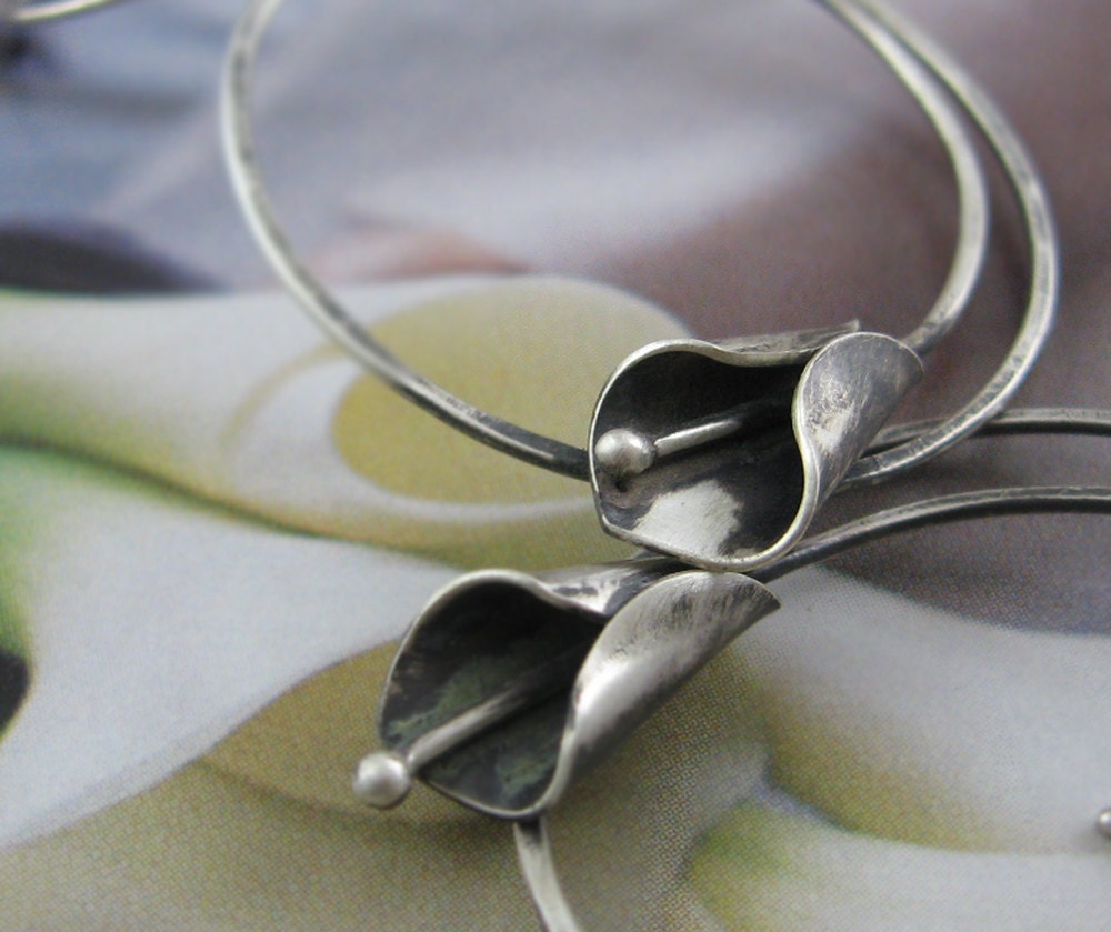 Black calla lily hoop earrings - oxidized sterling silver, modern hoops, hand shaped calla lily, wearthou original design