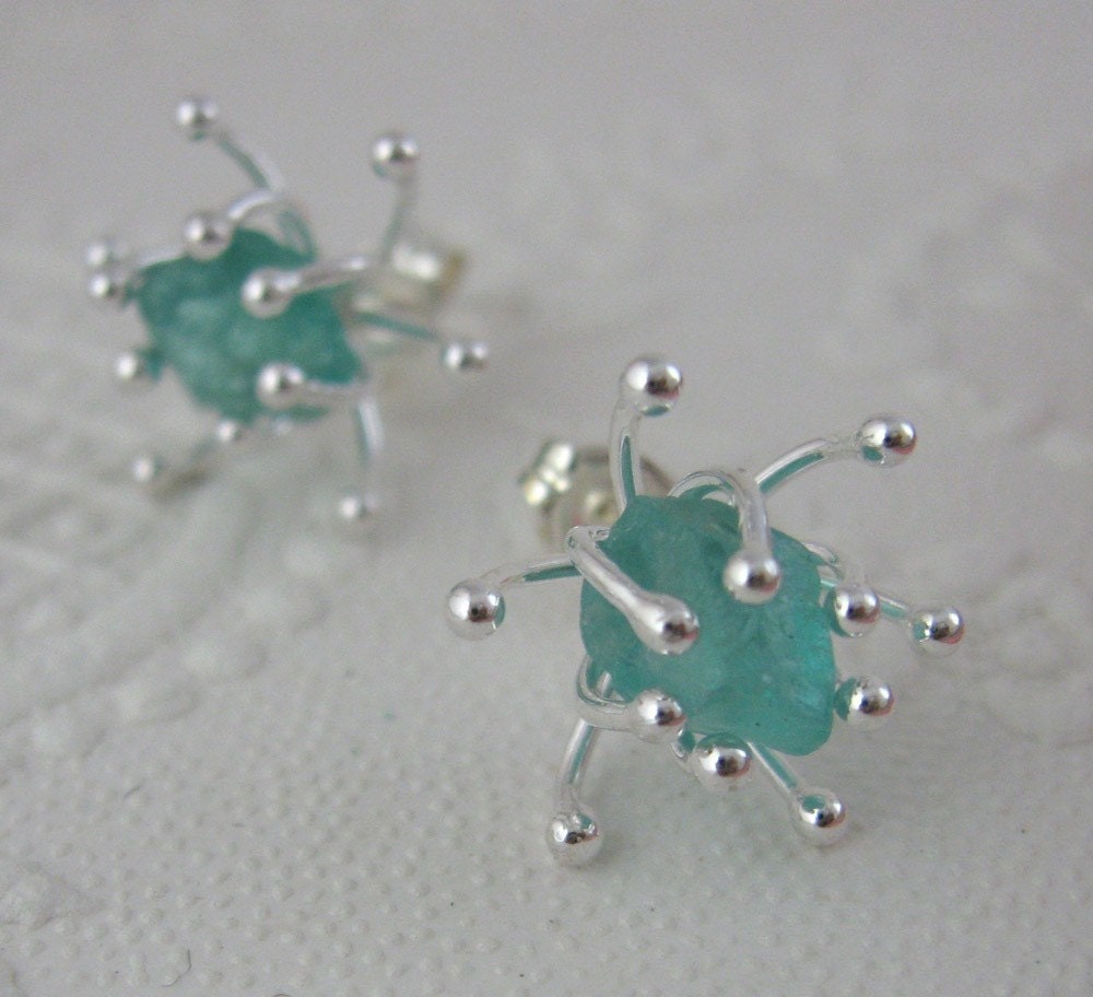 Rough apatite sea anemone stud earrings, raw gemstone, gorgeous watery-blue, OOAK