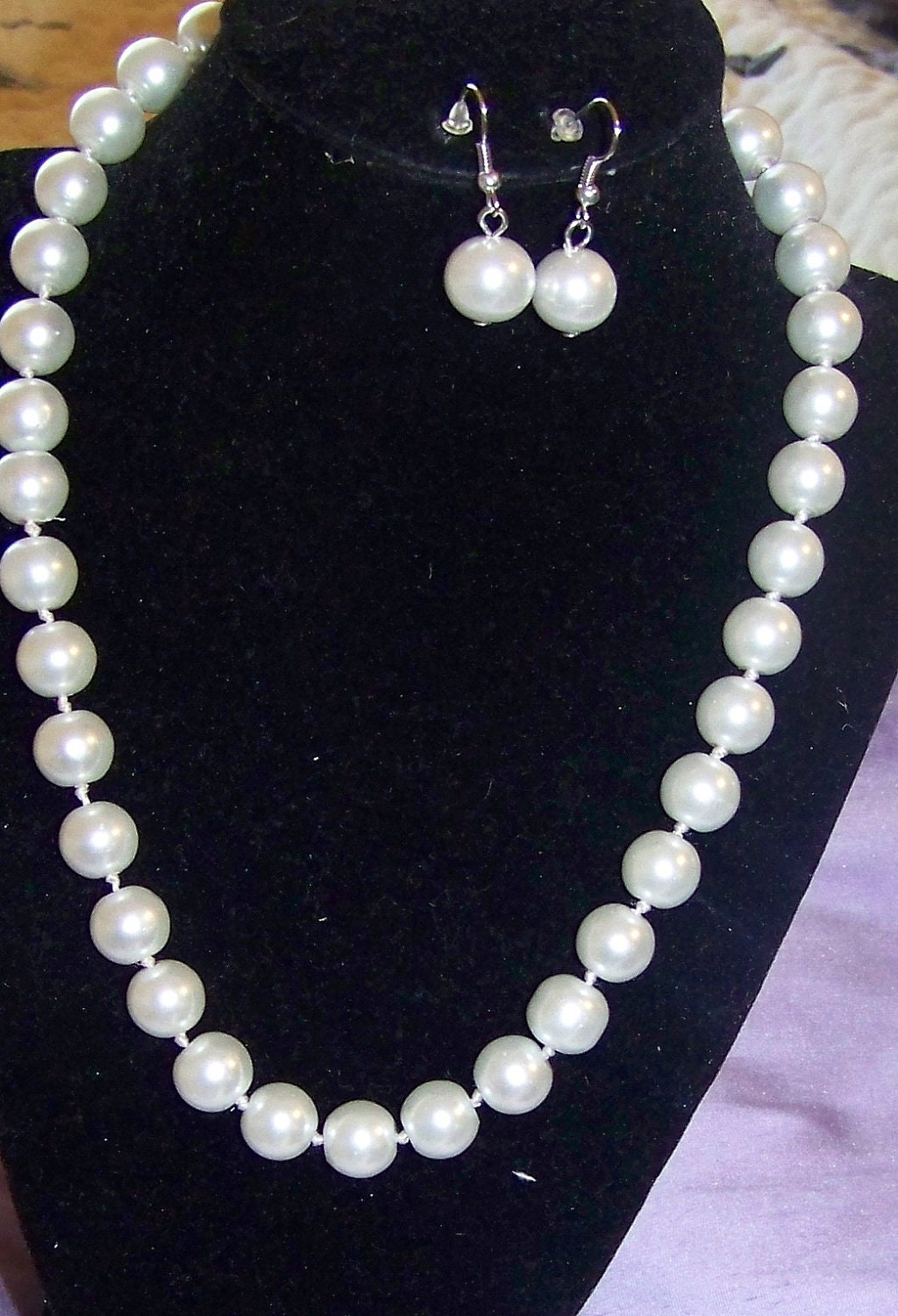 Wedding Bridal White Pearl Necklace and Earrings