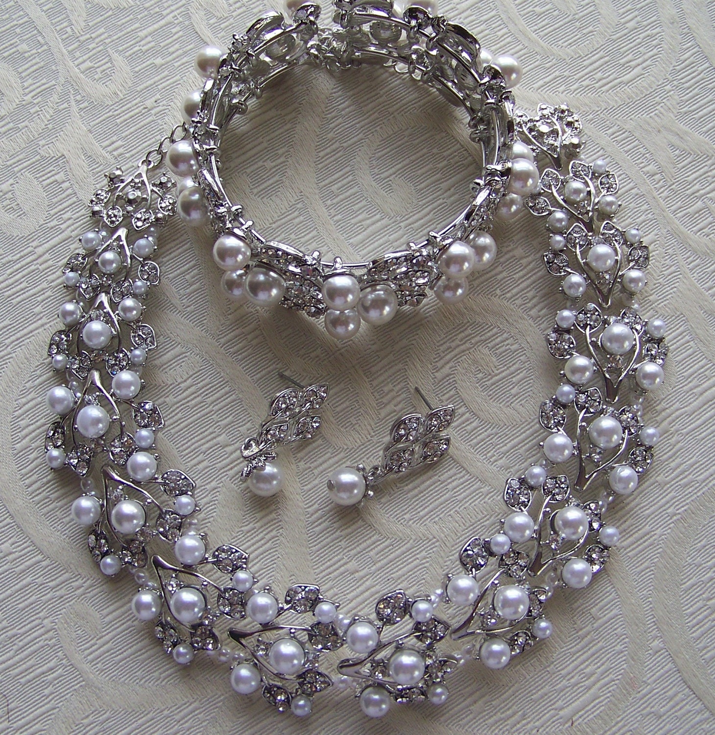 Bride's Wedding Silver Pearl and Austrian Crystal Necklace, Earrings, and Bracelet