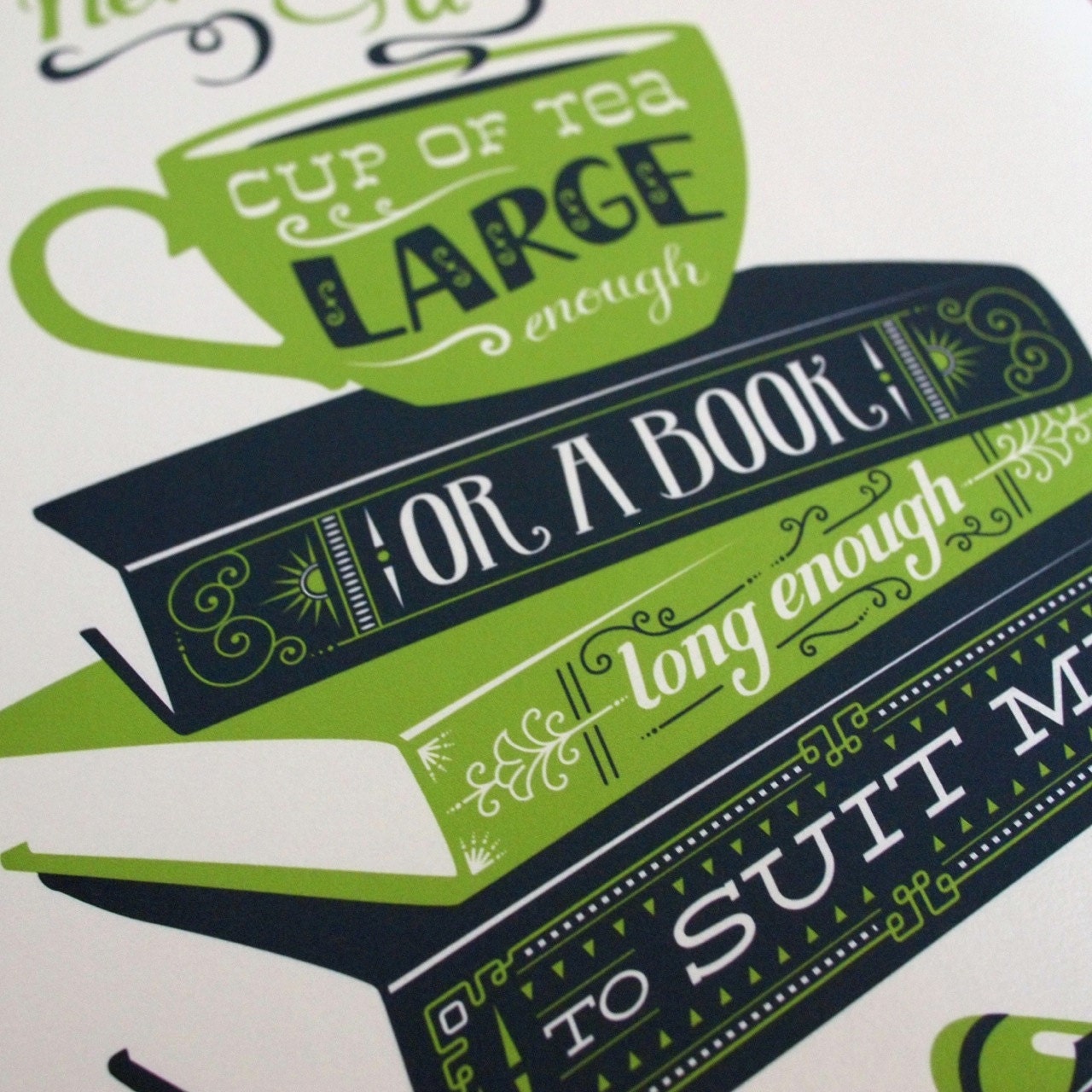 Tea and Books CS Lewis quotation illustration print - green and blue