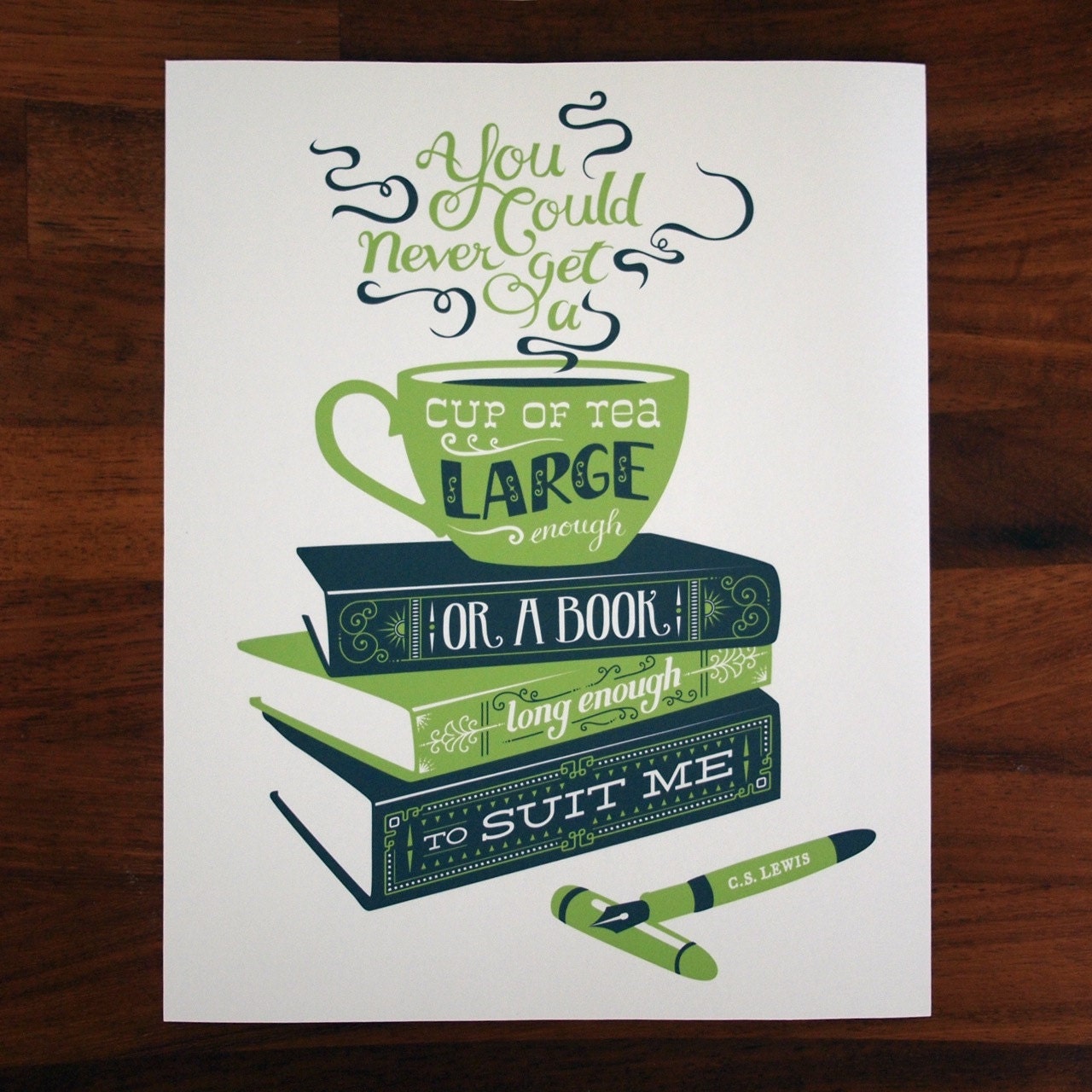 Tea and Books CS Lewis quotation illustration print - green and blue