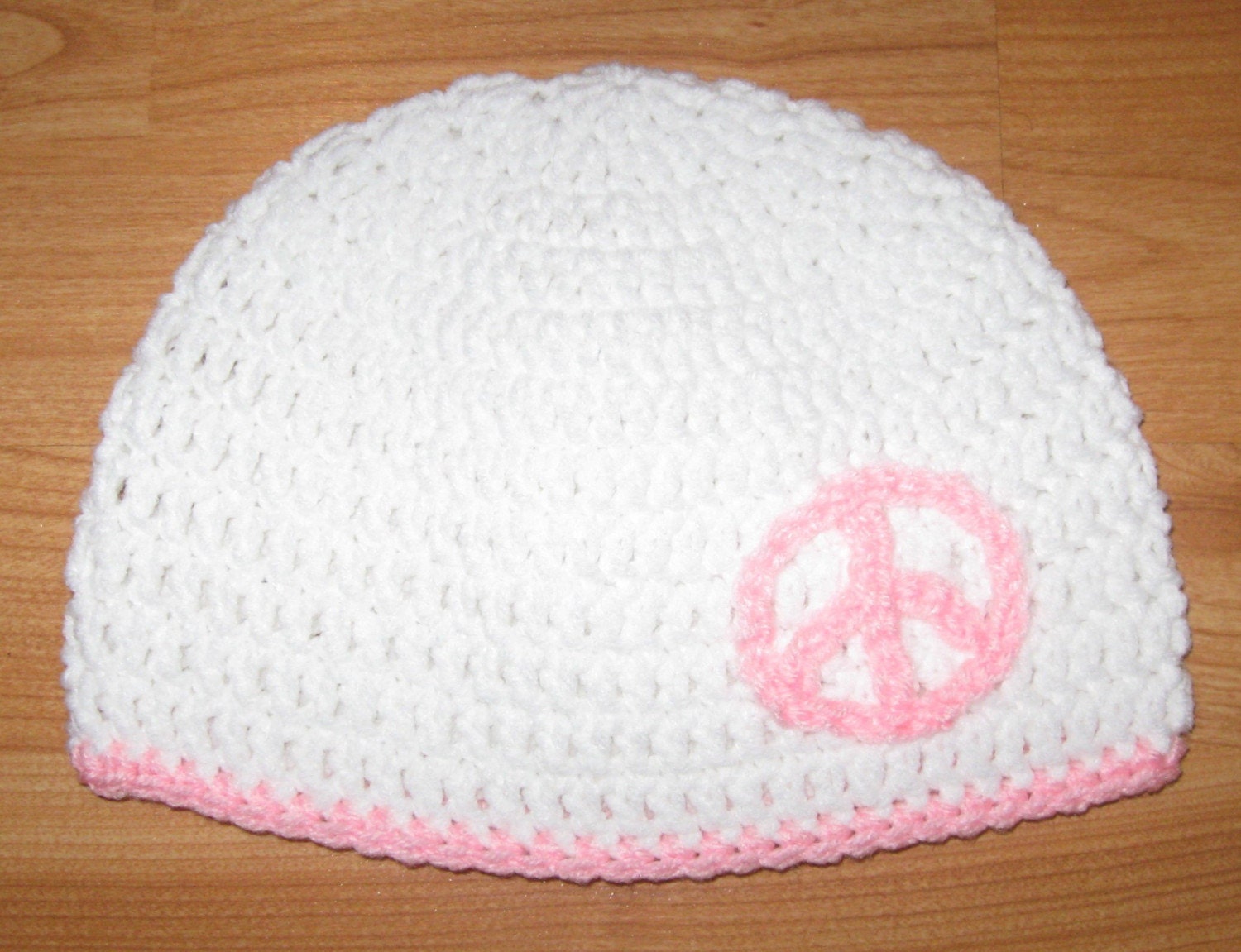 PEACE SIGN Crocheted Beanie Hat - White/Pink - All Sizes