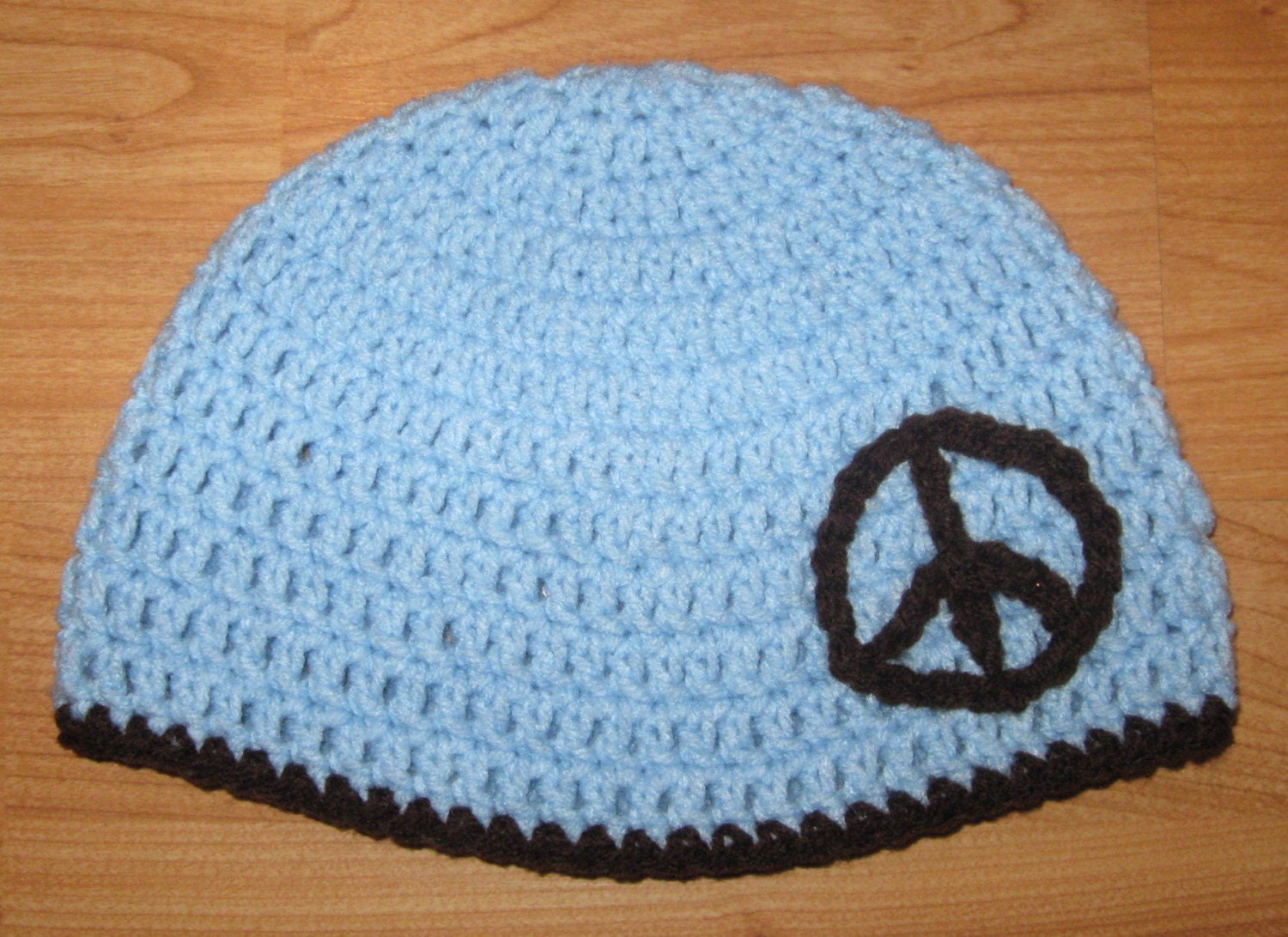 PEACE SIGN Crocheted Beanie Hat - Light Blue/Brown - All Sizes