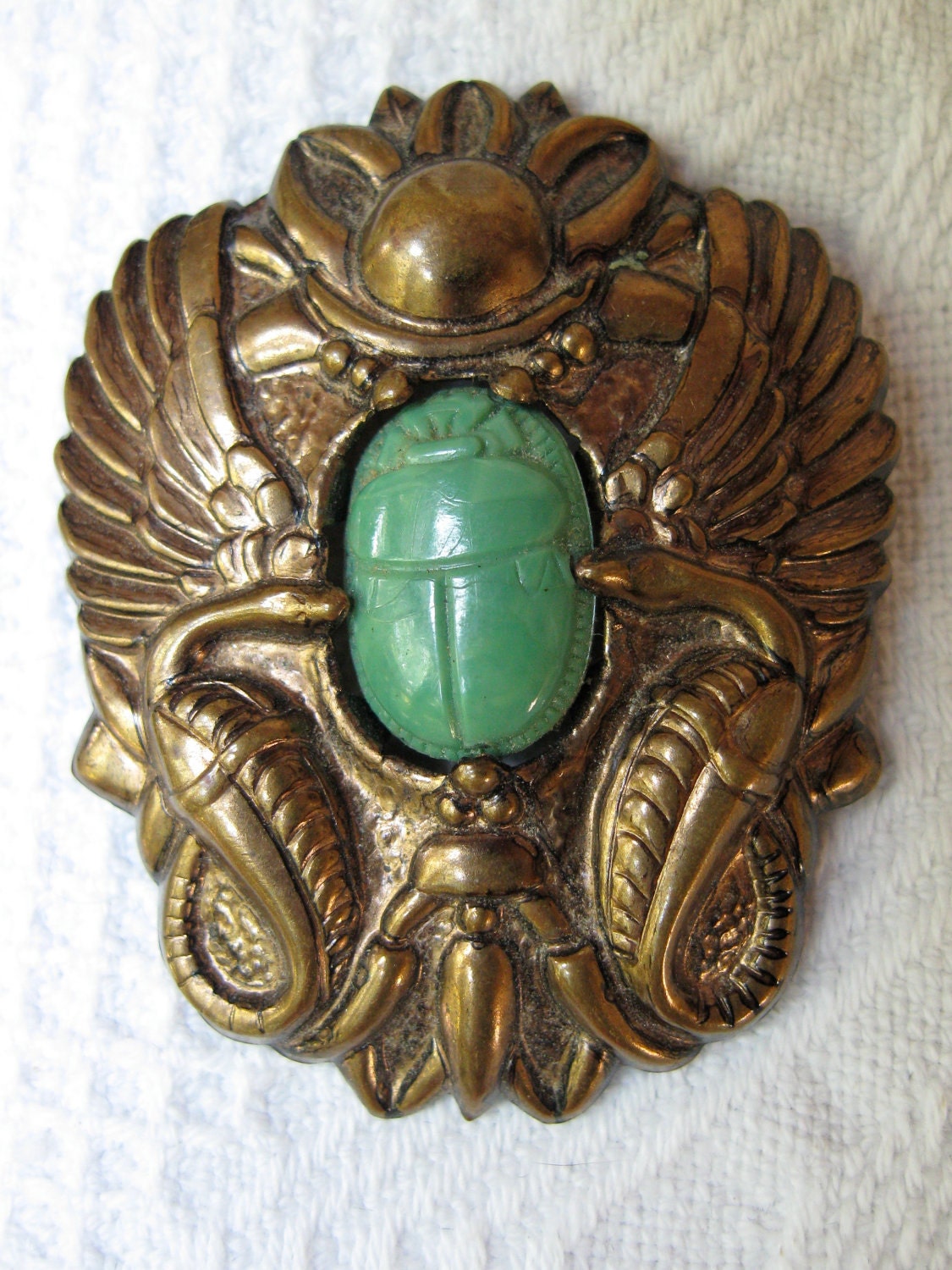Vintage Egyptian Scarab Pin Brooch Facing Cobra Snakes Green Glass Brass Patina