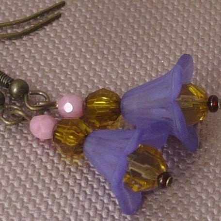 Purple Bell Flower Earrings Antique Brass Amber And Pink Opal