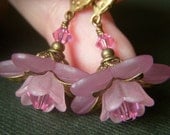 Pink Floral Earrings on Brass . Romantic Rose Lucite Dangle Vintage Inspired . Lotus Blossom
