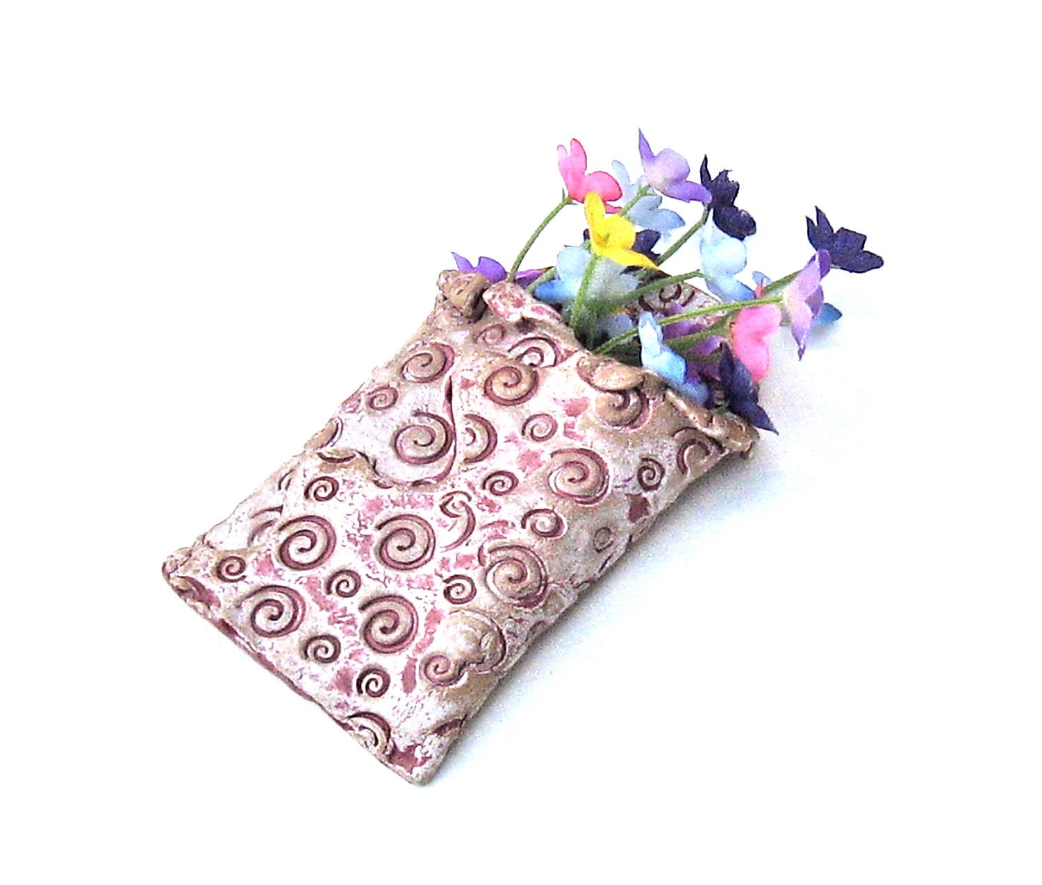 Wall Pocket Vase Mauve Pink Swirl Ceramic Pottery Stoneware