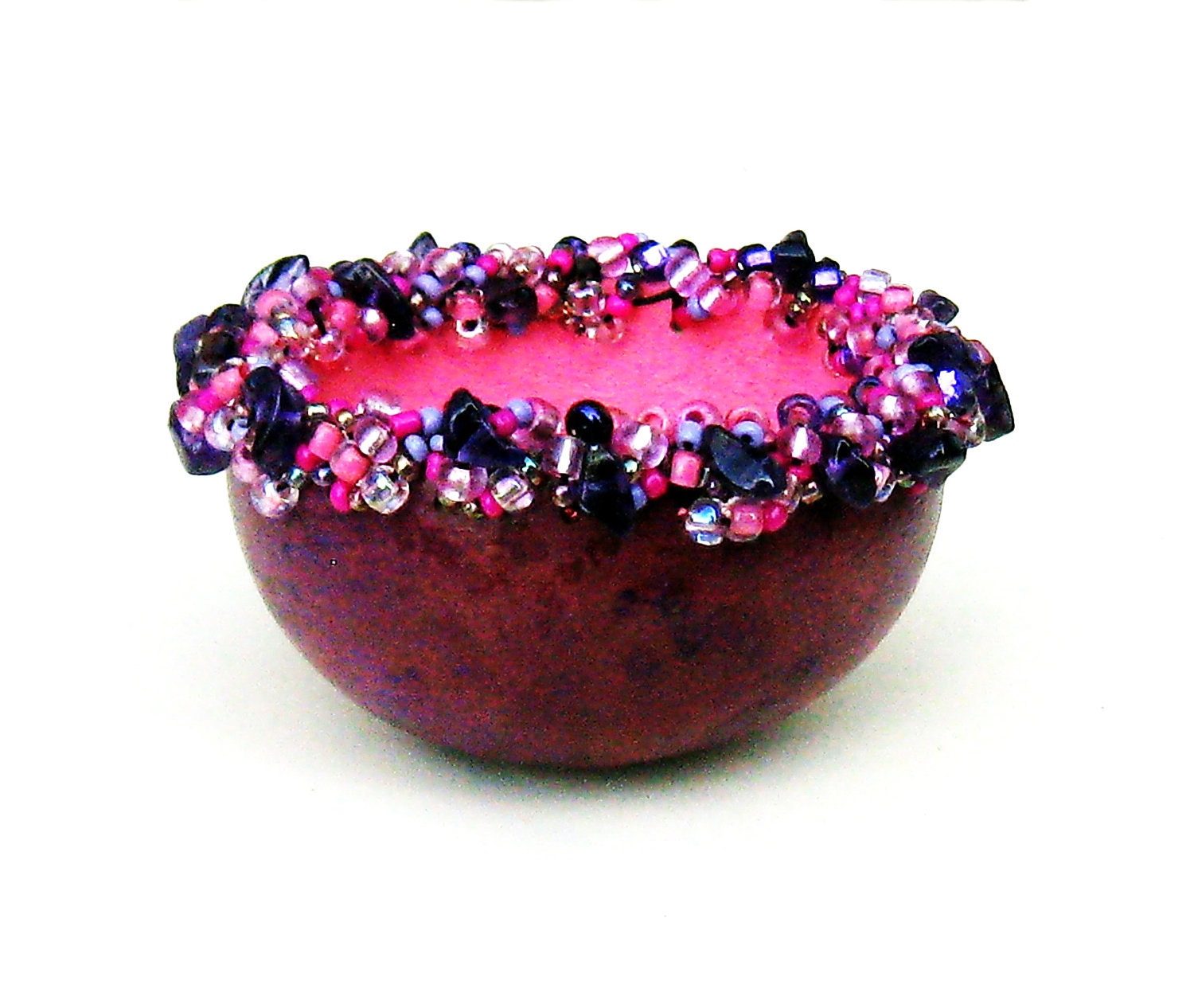 Gourd Beaded Bowl Purple & Pink w/ Amethyst and Glass Beads Home Decor