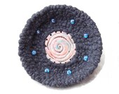 Coiled Basket Upcycled Fleece Dish Charcoal Gray Pink Swirl Base Bead Accents