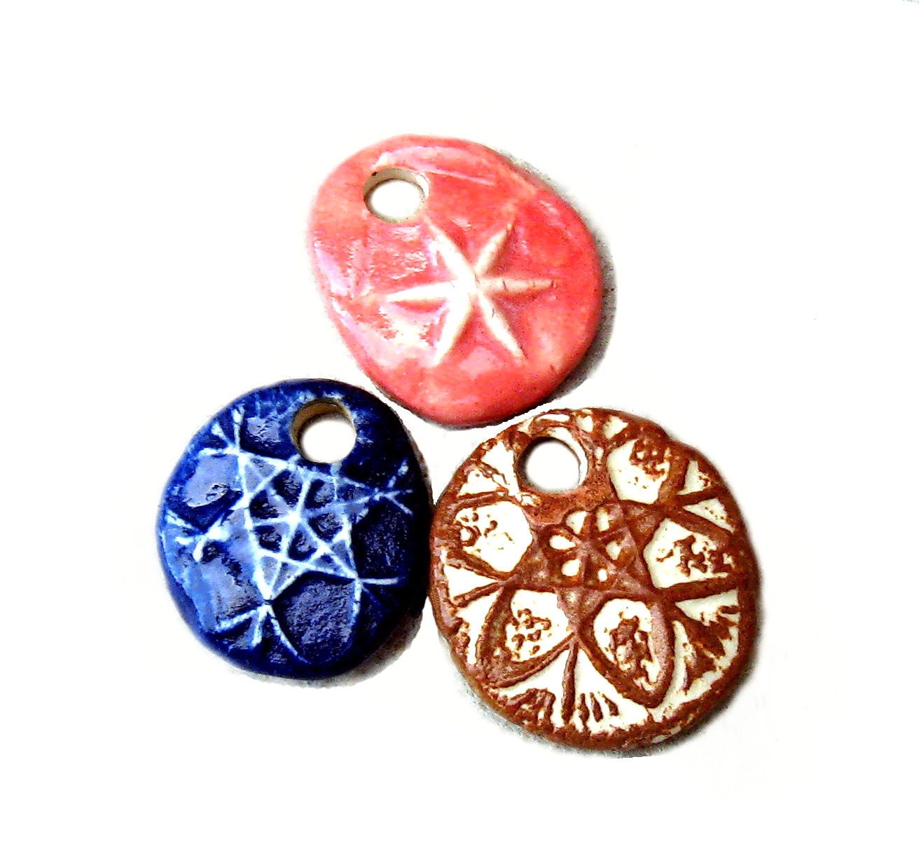 Pendants Stoneware Pottery 3 Beads Charms Star Mix Designs Blue Coral Pink Brown