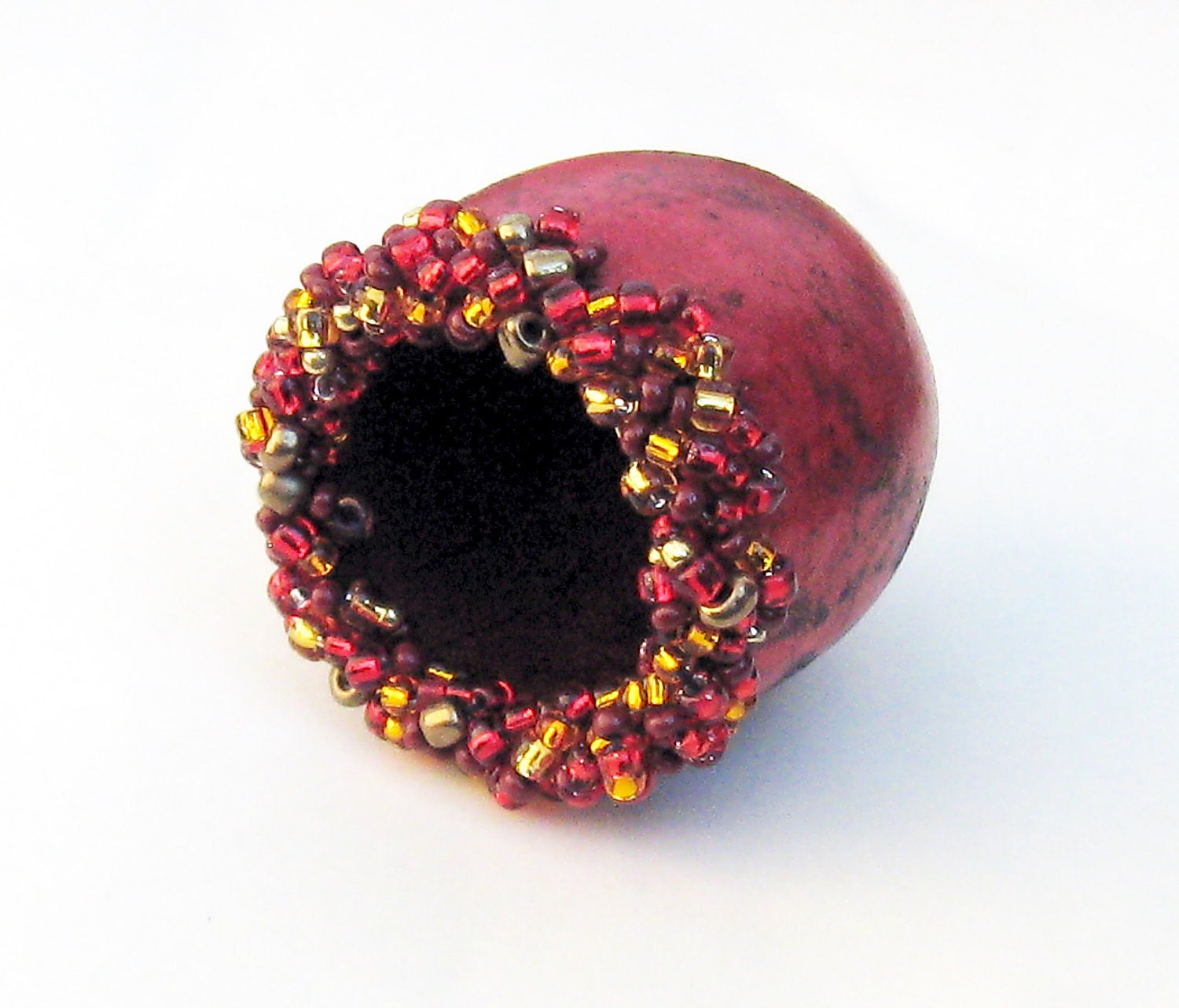 Gourd Beaded Mini Bowl Ruby Red with Red and Gold  Beads