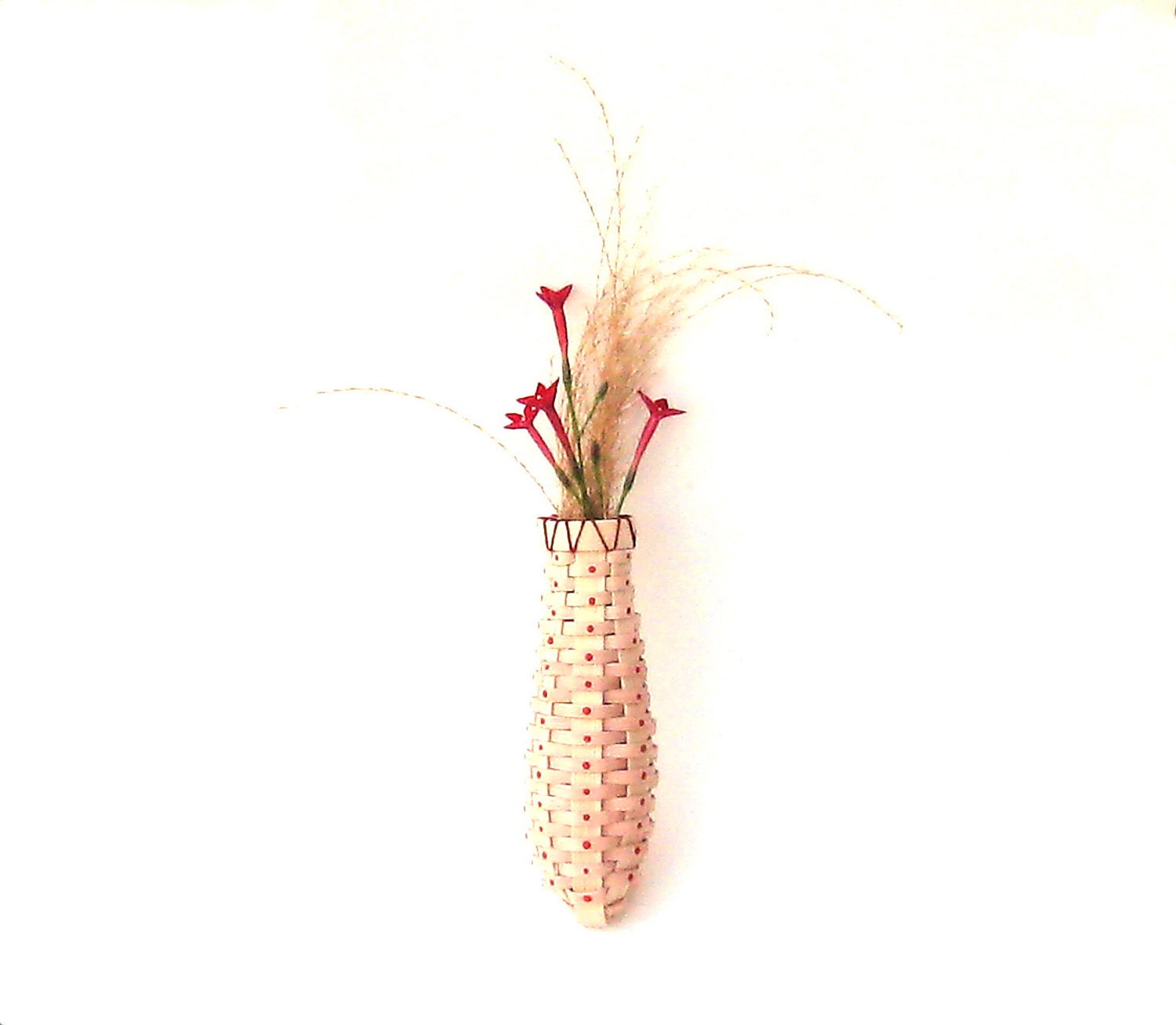 Wall Pocket Basket Woven Natural with Red Dots Rustic for Dried Flowers Grasses Pods