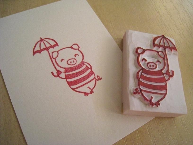 Mary Poppin Boo - Handcarved Rubber Stamp of Cute Piggy with an Umbrella