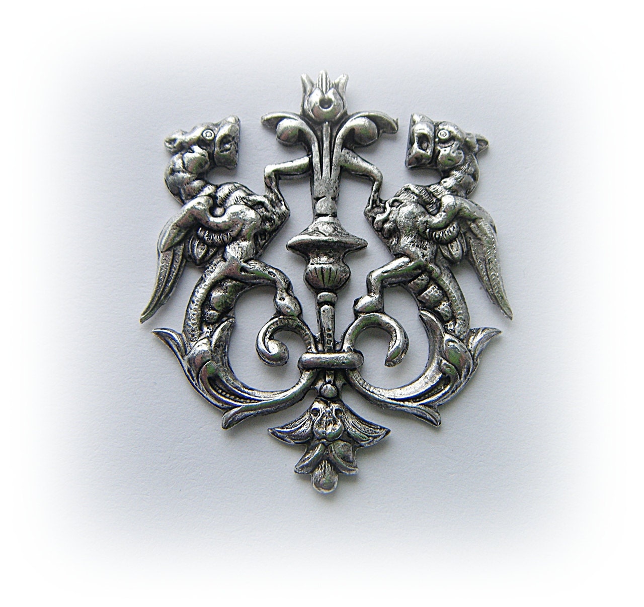 1 - Double Medieval DRAGON Crest Antique Silver Ox Brass Jewelry Findings (C-12)