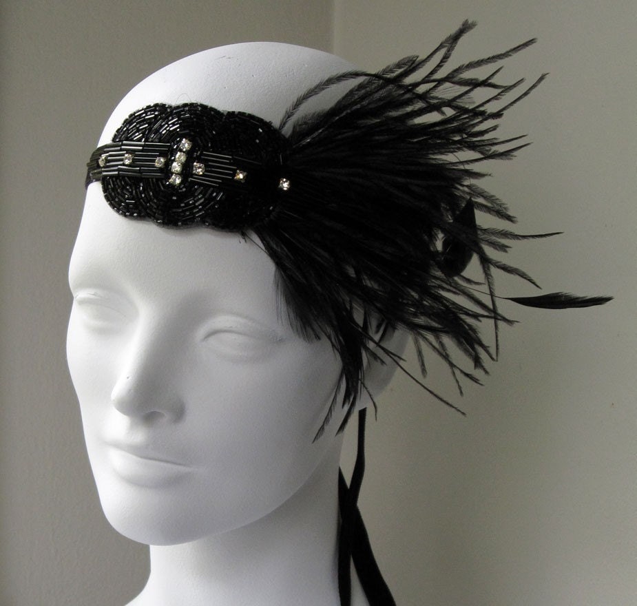 Black Deco Flapper Feather Headband Fascinator
