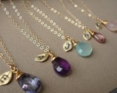 Bridesmaids Necklaces SET of SIX &Stone and Initial All Gold Filled Lovely Gift, Bridal Party, Stamped Leaf, maid of honor, weddin