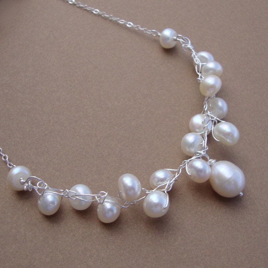Crochet wire and pearl Necklace sterling silver chain and clasp Bridal jewelry Glamour and Glitz