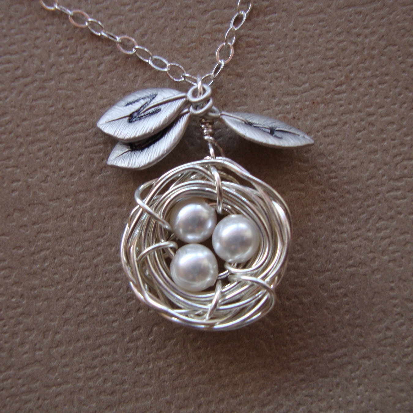 Personalized Nest Necklace Three Leaves - All SOLID STERLING SILVER- Silver Nest Necklace,mom, best friend, family, grandma