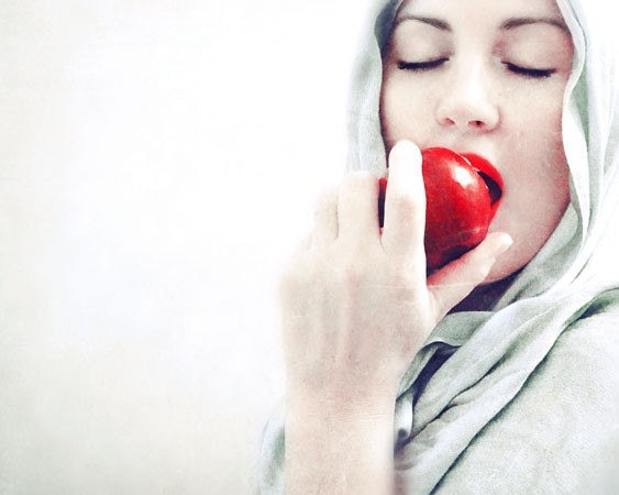 Winter Portrait, Snow White,  8x10 Print, Female Figure, Red Apple, White on White, Fine Art Photography