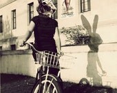 Photo Collage Print,  Bunny on Bicycle, 8x12 Rabbit Head Photograph, Easter Decor