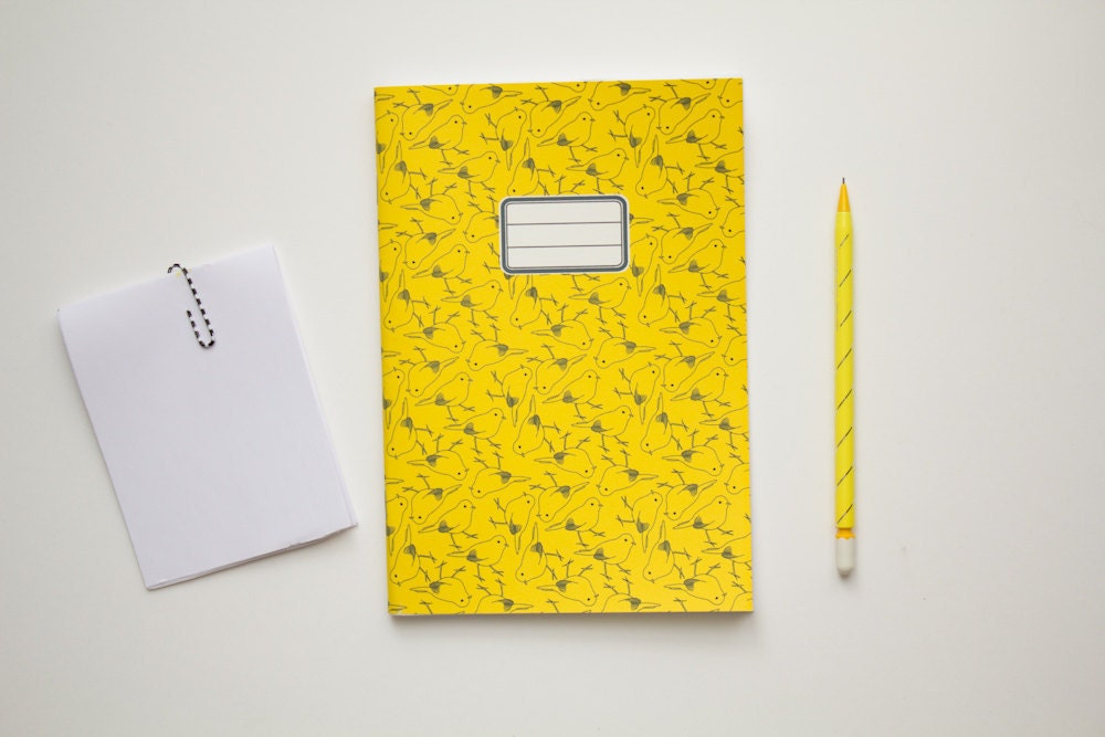 Patterned Spring Notebook  - School notebook -  Yellow bird