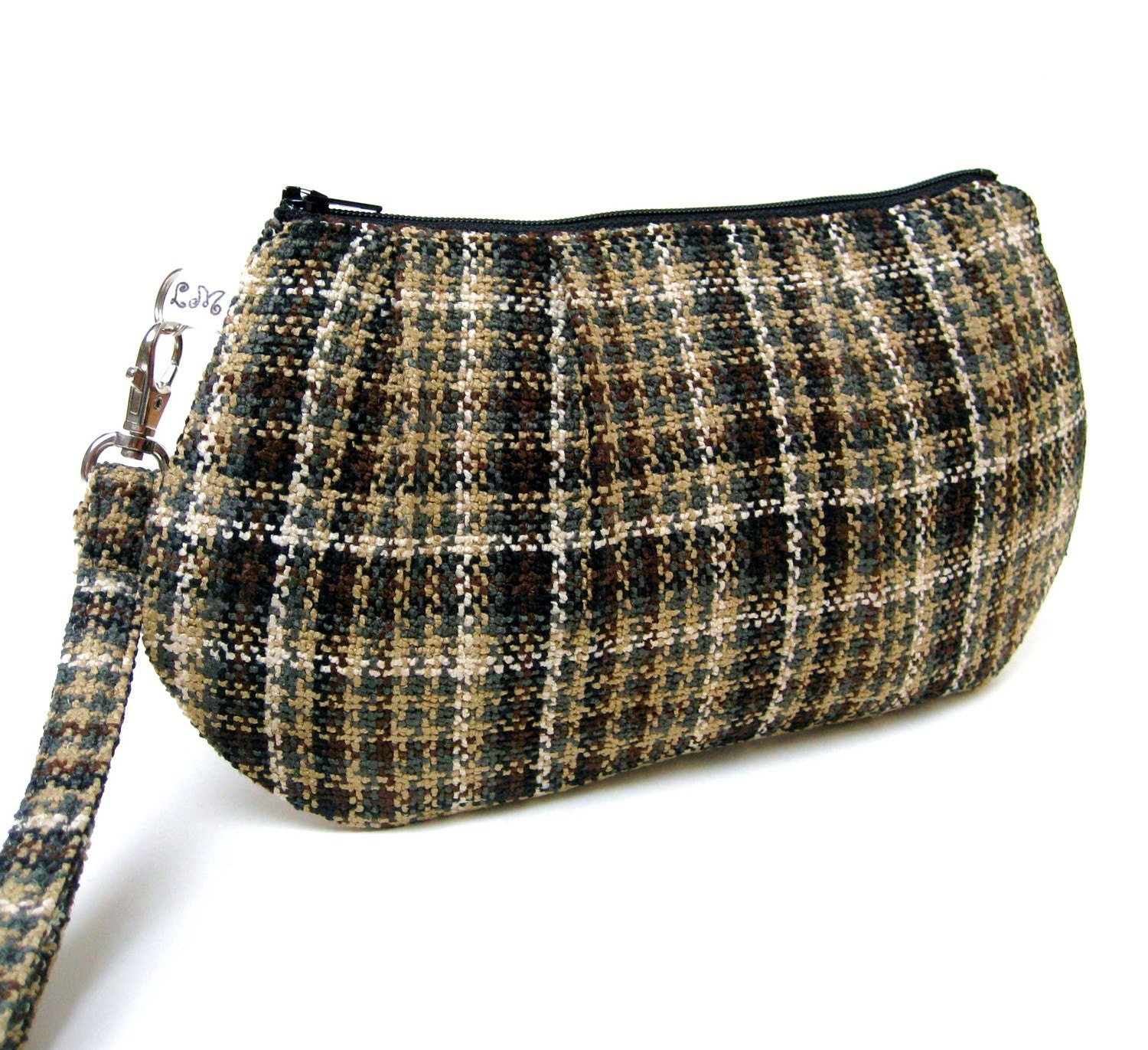Pleated Wristlet Clutch Purse - Brown Black Grey White Plaid Checks