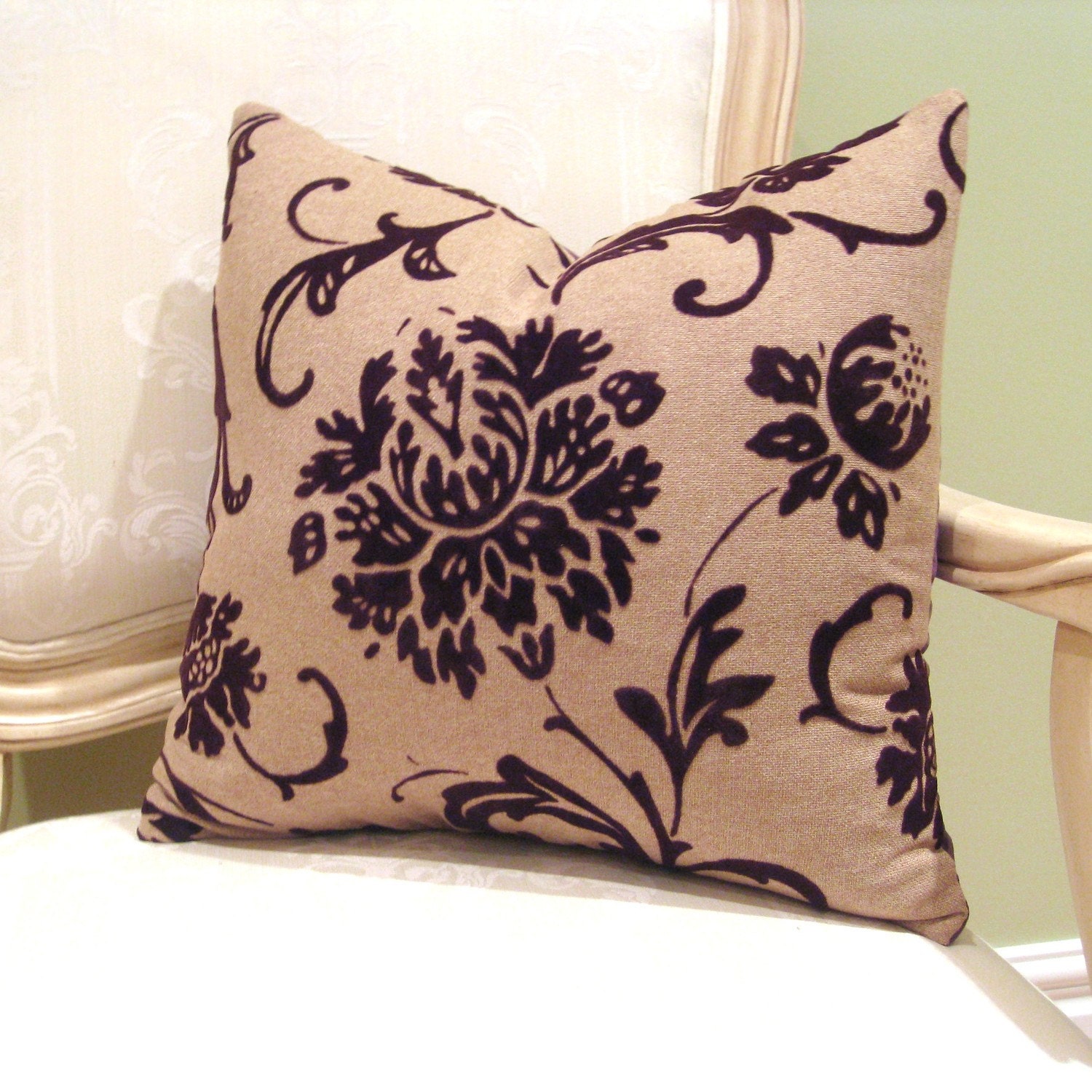 Brown Flocked Swirls and Flowers on Sand Beige Pillow Cover 18"