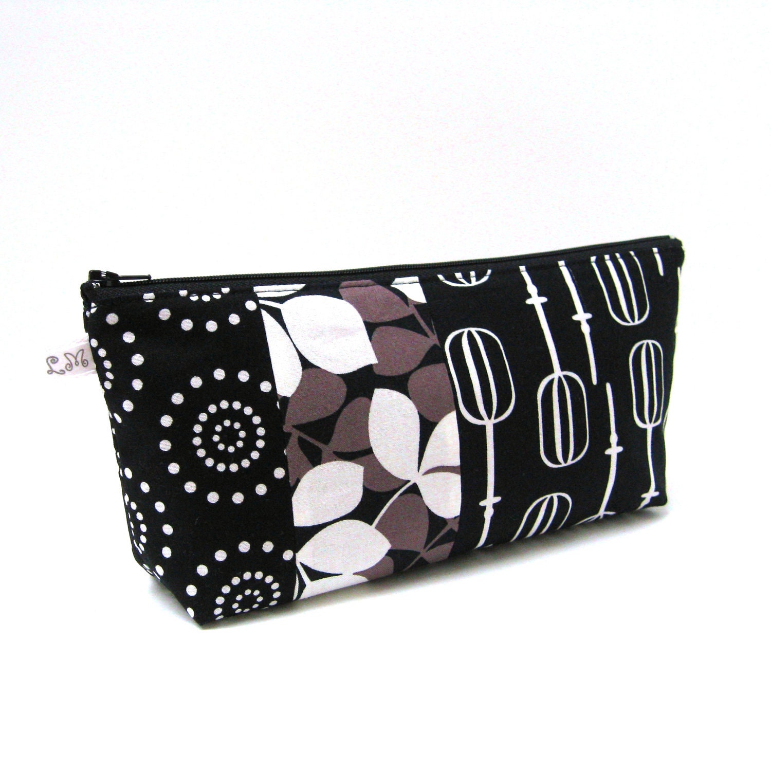 Zipper Pouch Clutch Patchwork Leaves Circle Dots and Beaters in Black Grey and White