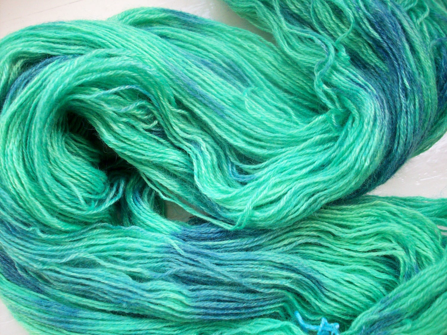 Hand painted yarn 100g. angora laceweight green blue