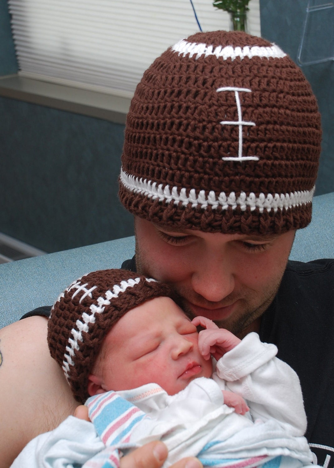 Father Son set  Crochet football Hat beanie Size newborn  adult  classic colors or choose team colors