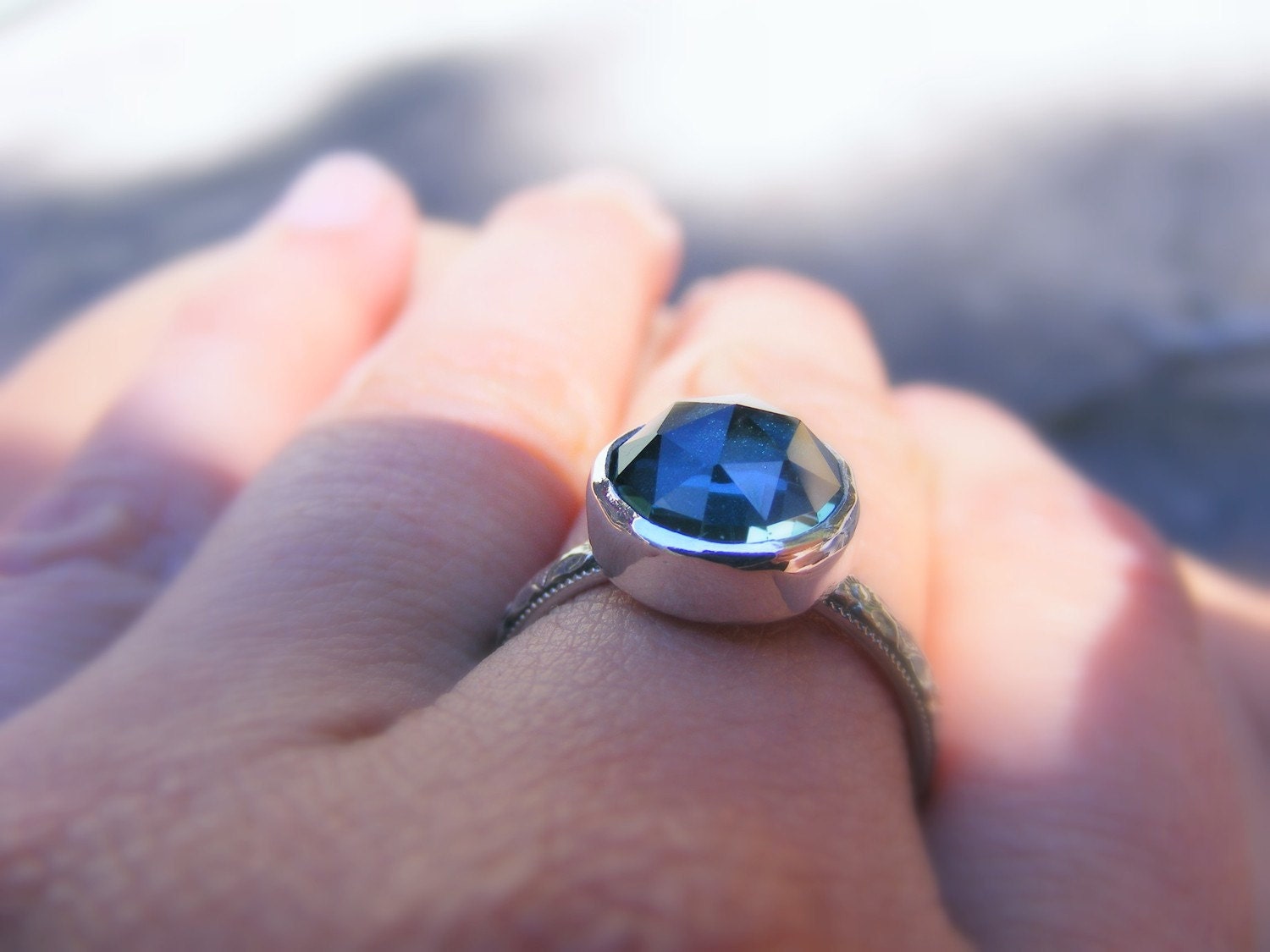 London Blue Topaz Silver Ring,  Rose Cut Blue Topaz Ring, Vintage Like Pattern Silver Ring Band, December Birthstone Jewelry