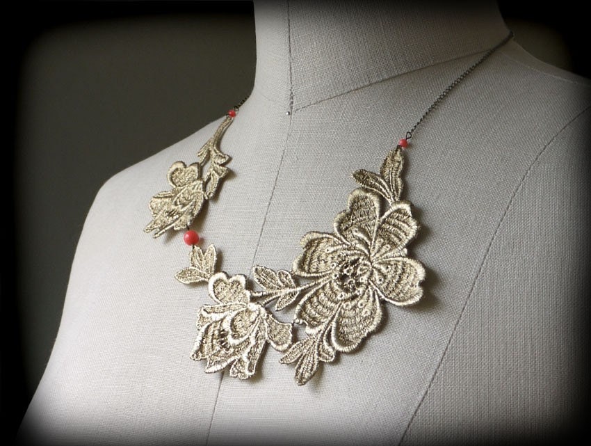 Gold Floral Lace Necklace with Coral Beads