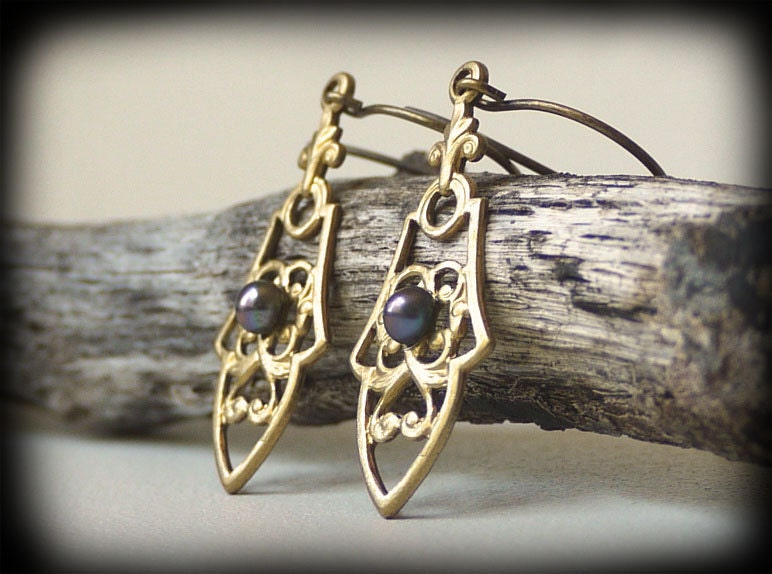 Vintage Brass and Black Pearl Earrings
