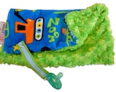 Trucks and cars blue and lime green minky pacifier blanket