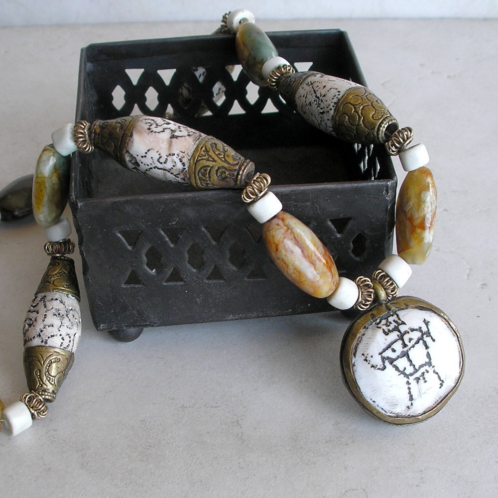 Tibetan Naga Conch And Jade Necklace- Ethnic Statement Necklace