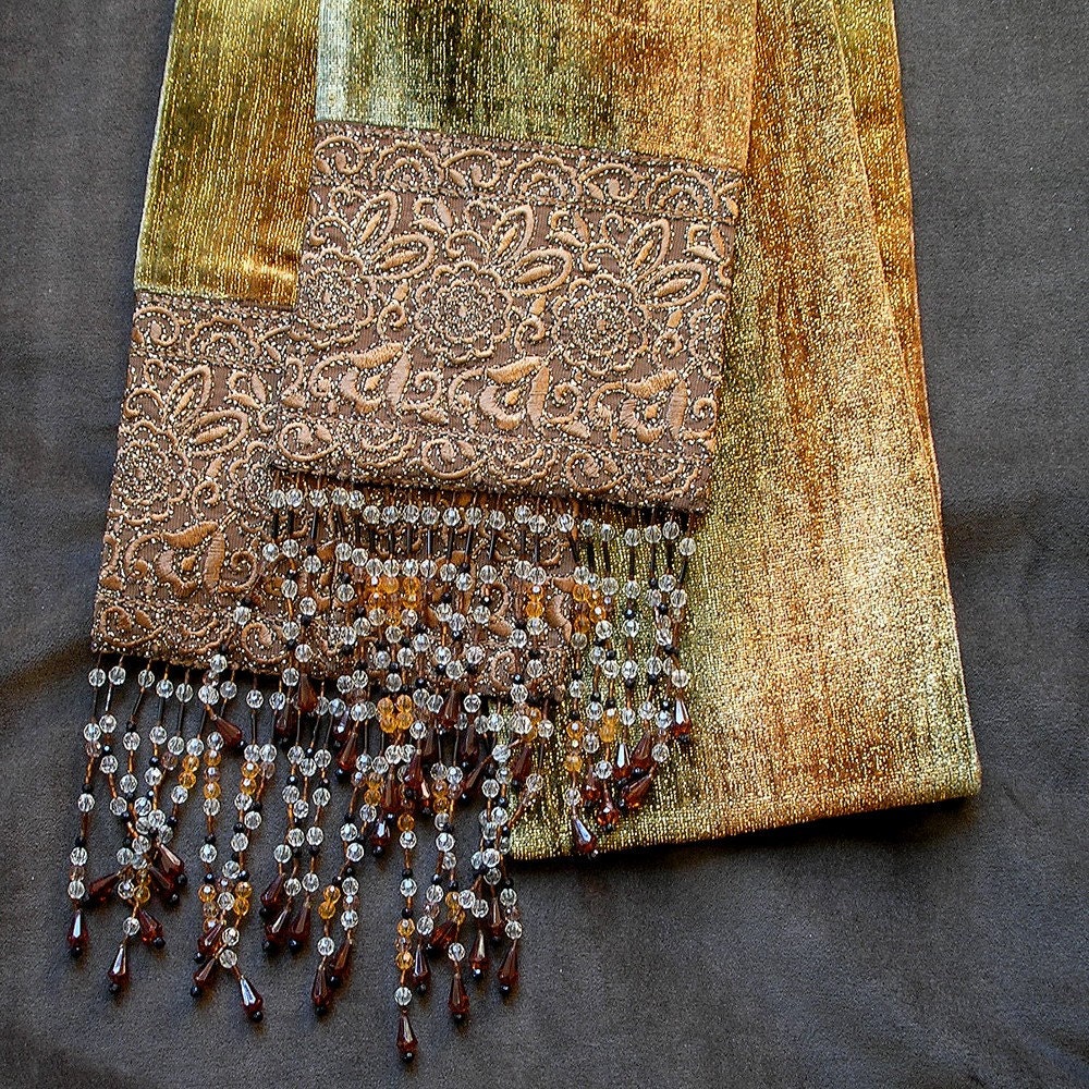 Velvet Beaded Scarf- Earth Tone Velvet, Beaded Fringe Scarf