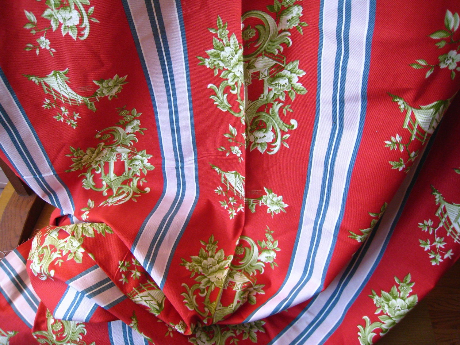 1 Yd Vintage Drapery Fabric Chinese Red Circa 1950 Pagoda and Flowers Mid Century Cotton By the Yard
