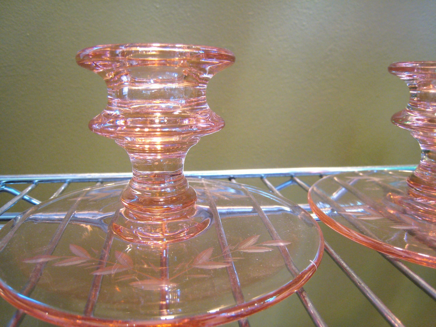 Mid Century Pink Etched Cambridge Candlesticks Set of 2