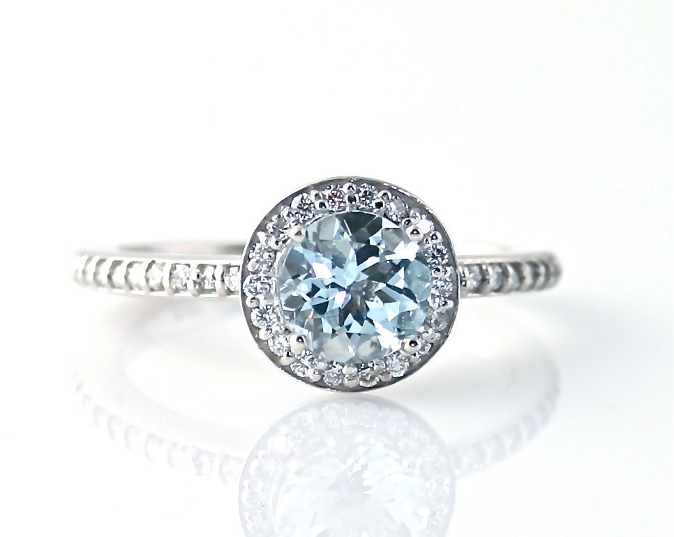 14K Aquamarine Ring Diamond Halo Setting Aquamarine Engagement Ring Custom 18K White Yellow Rose Gold Platinum Palladium Bridal Jewelry