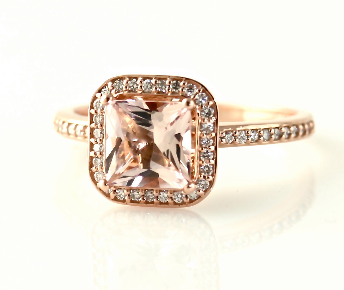 14K Rose Gold Morganite Engagement Ring Princess Diamond Halo Morganite Ring Custom Bridal Jewelry