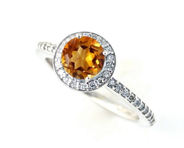14K Citrine Ring Diamond Halo Citrine Engagement Ring Custom 14K 18K White Yellow Rose Gold Platinum Palladium Bridal Jewelry