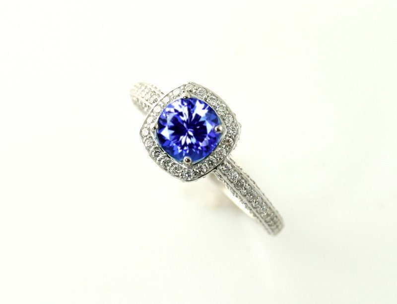 14K Tanzanite Ring Tanzanite Engagement Ring Diamond Halo Setting 18K Gold Platinum Palladium Custom Bridal Jewelry