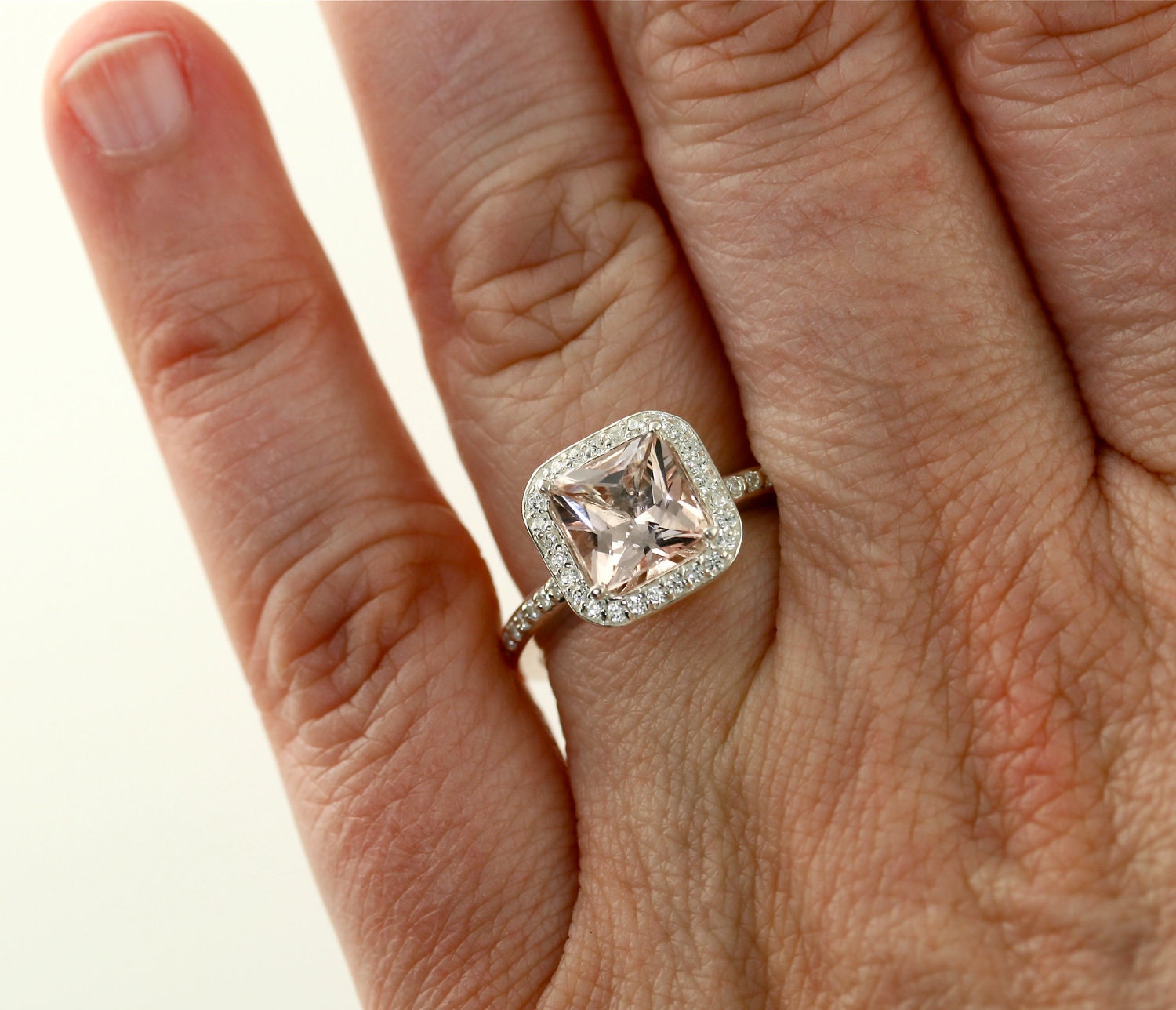 14K Princess Morganite Diamond Engagement Ring Morganite Ring Diamond Halo Custom Bridal Jewelry