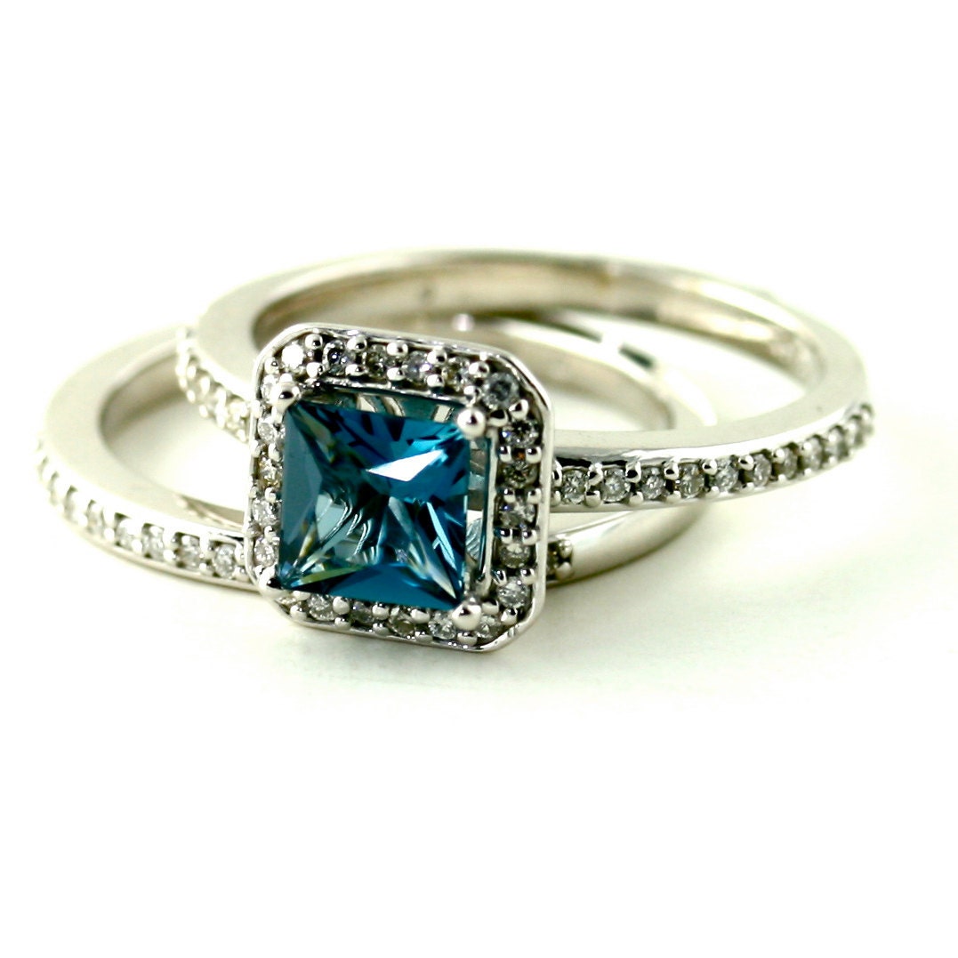 14K London Blue Topaz Diamond Ring Gemstone Engagement Ring Custom Princess Halo Setting 18K White Yellow Rose Gold Platinum