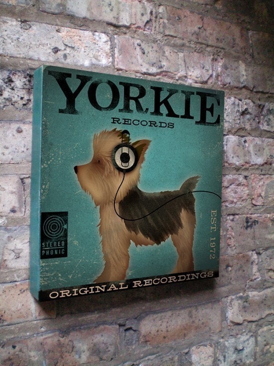 Yorkie records Yorkshire terrier album style artwork original illustration on canvas 12 x 12 by stephen fowler