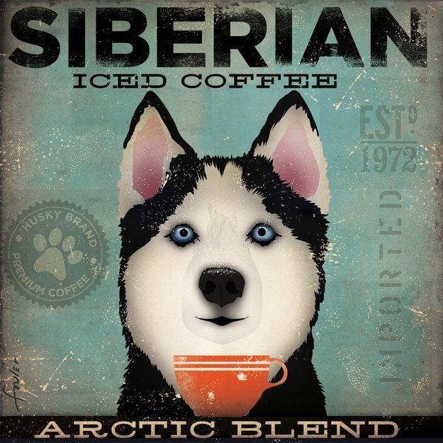 Siberian Husky Iced Coffee Company original illustration graphic art on canvas 12 x 12 x 1.5 gemini studio