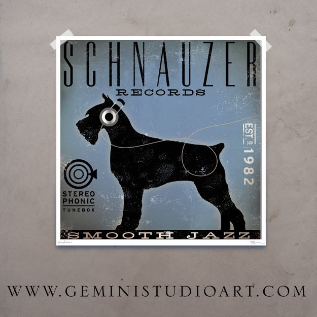 Schnauzer records original illustration by stephen fowler signed archival print 12 x 12