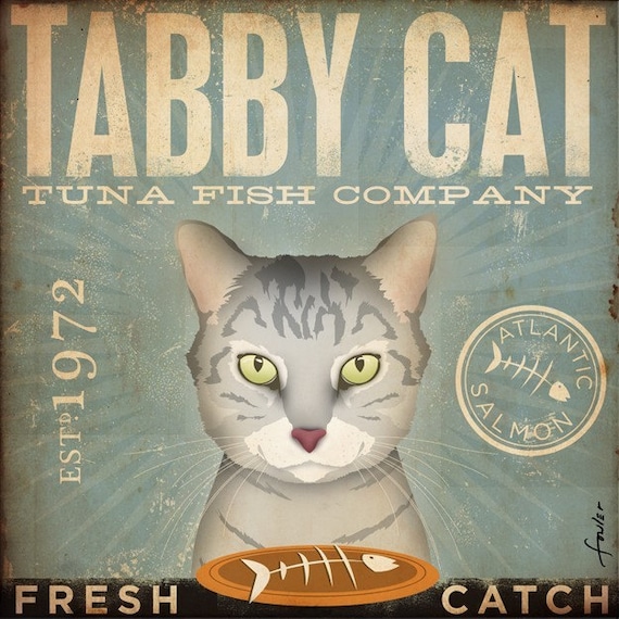Tabby Cat Tuna Company graphic artwork on canvas 12 x 12 inches by stephen fowler